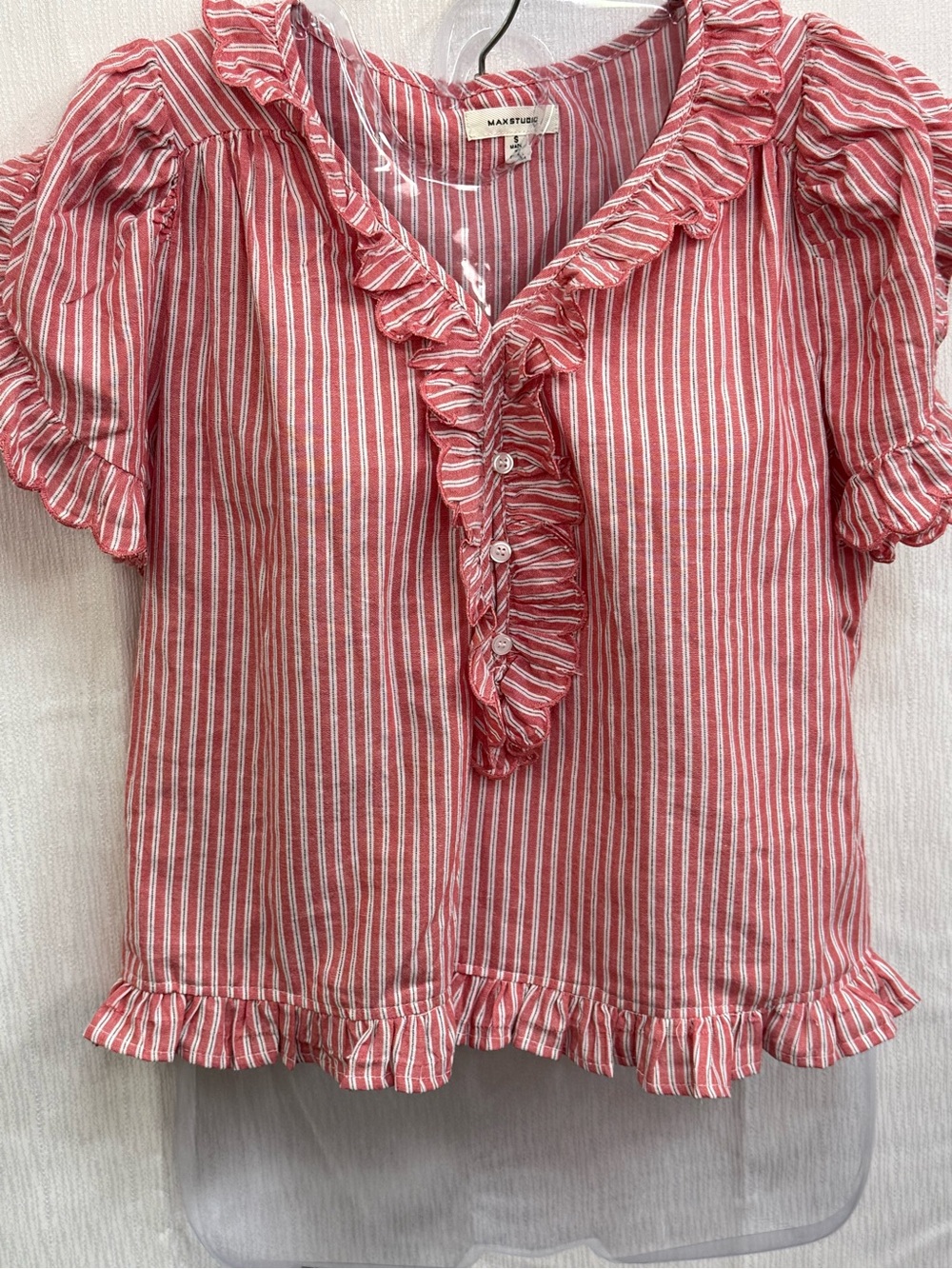 Maeve Red & White Striped Ruffle Button-Front Top - Picture 1 of 6